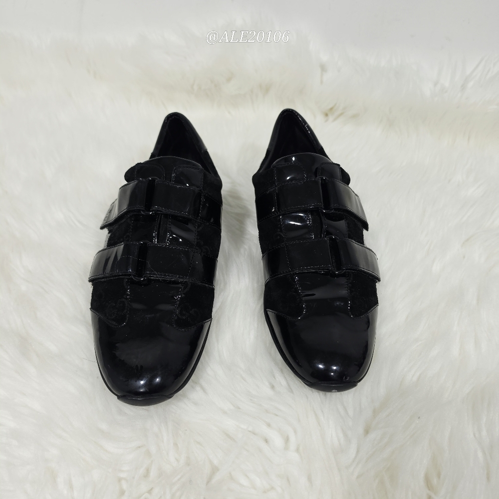 Gucci women black patent leather velcro sneakers size 39 monogram suede - Picture 4 of 14